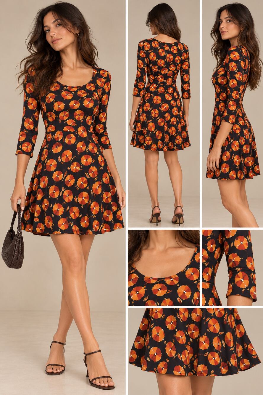 Title Nine Buttah Navy Floral Dress XS Orange Print 3/4 Sleeve Fit Flare